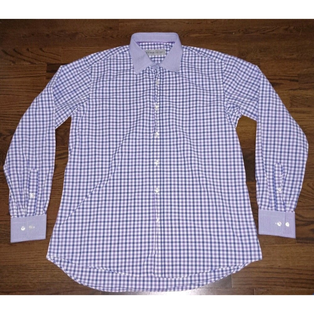Etro Italy Shirt Mens Large 42 Purple Blue White Gingham Check Plaid Cotton